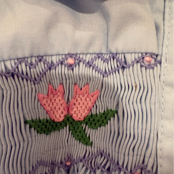 Beaufort Bonnet Light Blue Dress with Smocked Pink flowers - Picture 3 of 5